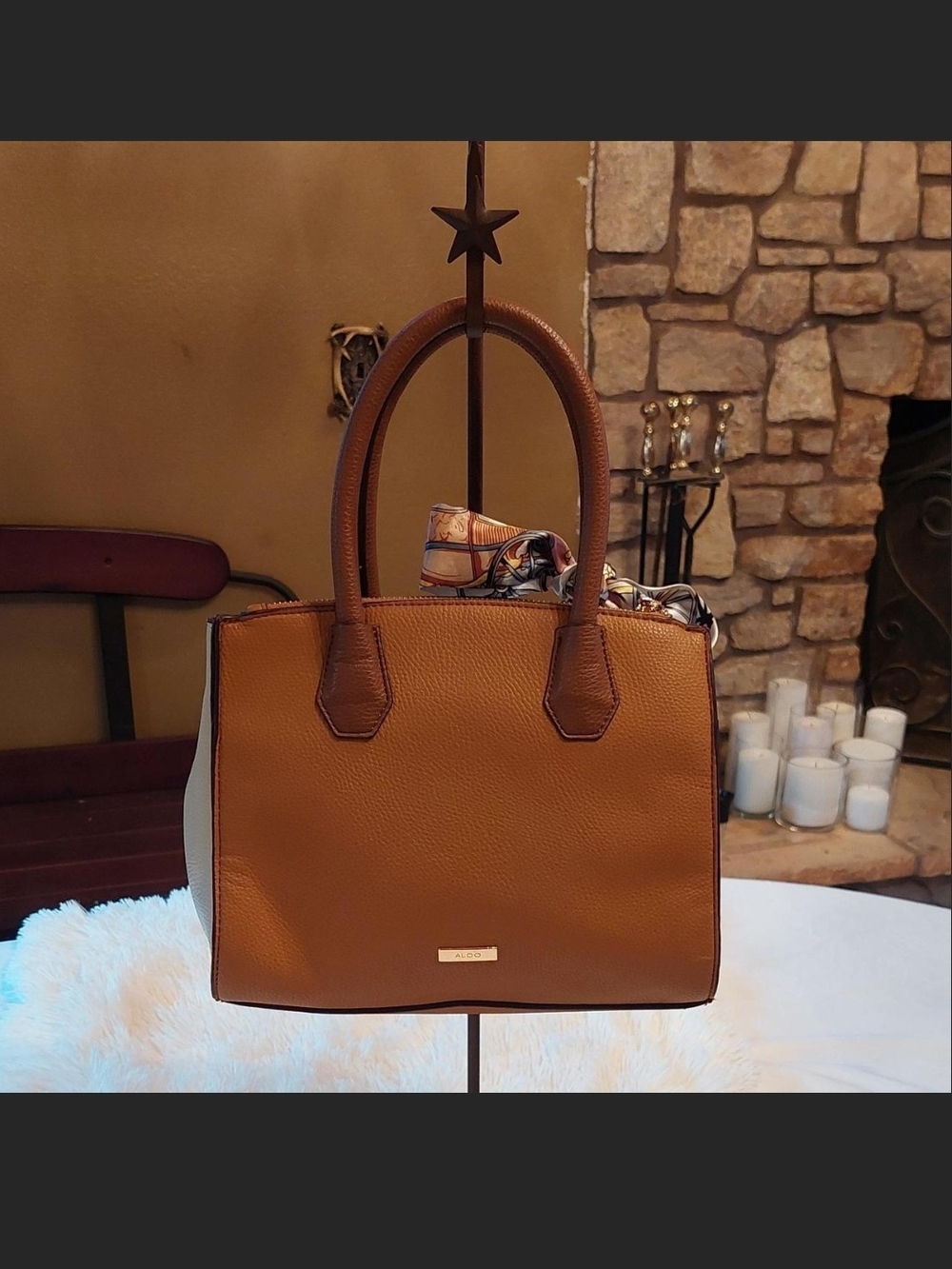 Aldo Brown Structured Satchel with Decorative Scarf
